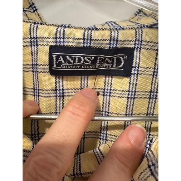 Lands End Mens Button Up Plain Plain Yellow Blue Wrinkle Free - M - Picture 2 of 4